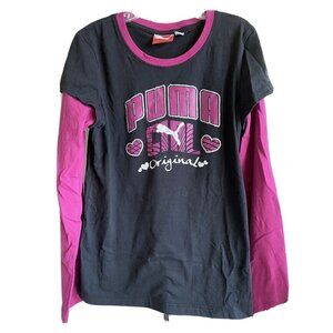 PUMA Girl Long Sleeve Black & Pink Top Size Large‎